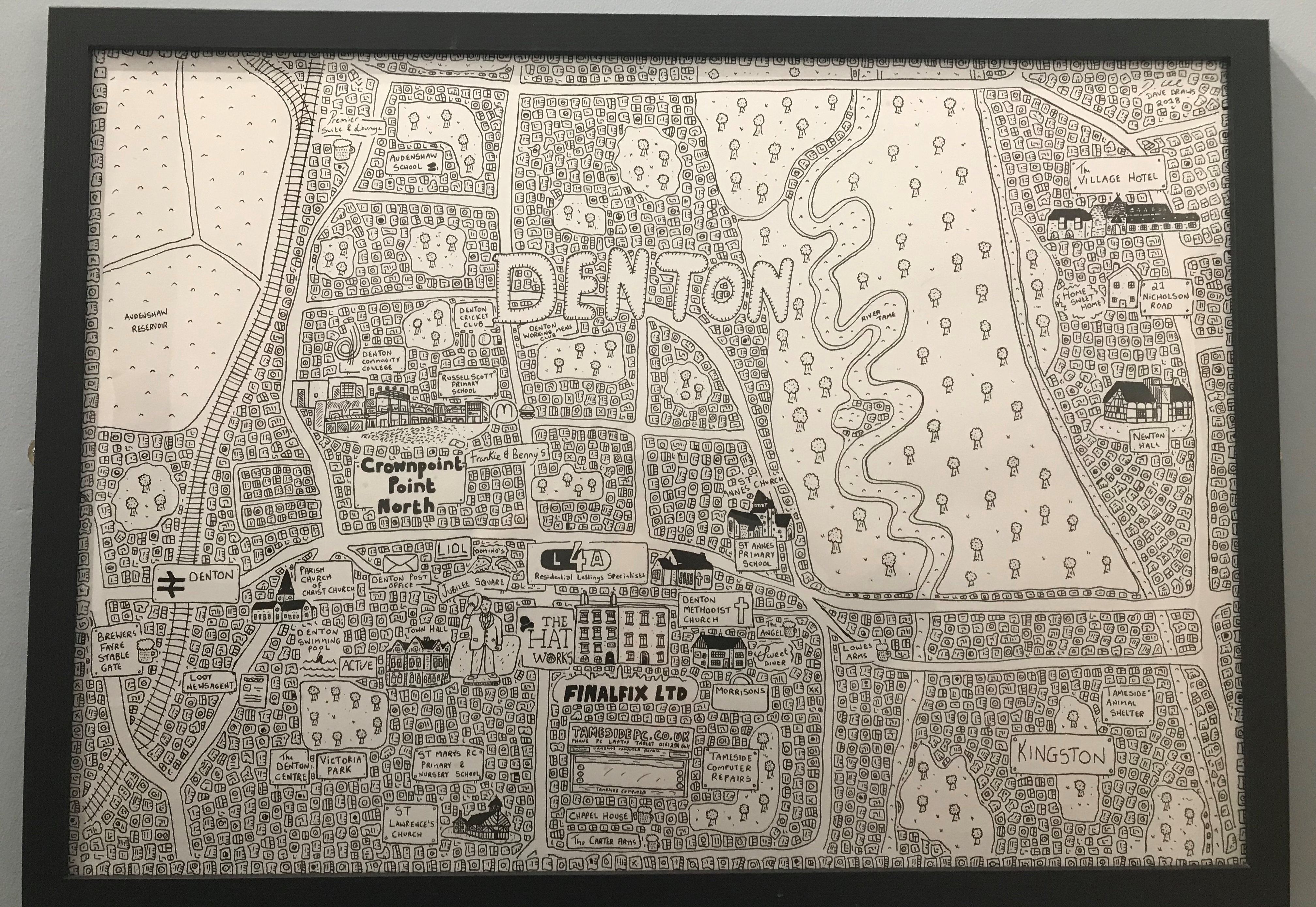 Hand-drawn map of Denton featuring The Hat Works